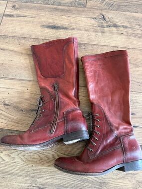 Frye Lace-Up Leather Boots – Women's Size 9 red leather made in Mexico zip